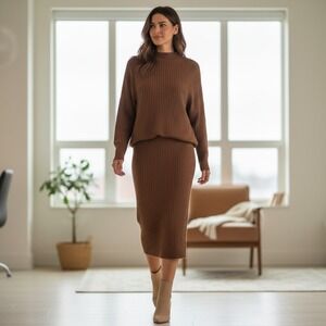 CHYRI Womens Ribbed Mock Neck Sweater & Midi Skirt Set Brown M